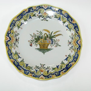 Antique DESVRES Georges Martel Scalloped Wall Decorative Plate Flower Basket; Hand Painted French Faience c. 1900