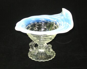 Plato para compota o dulces con base de rama de vidrio opalescente blanco Whimsey NORTHWOOD OCEAN SHELL antiguo, 1905