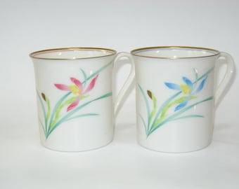 2 Fukagawa Hand Painted Orchid Coffee Mugs MINT; Vintage Signed Koransha Mark Porcelain Japan