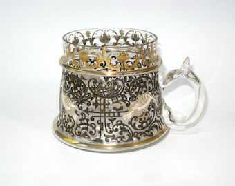 Jarra de cerveza antigua de cristal artístico checo estilo bohemio Novy Bor/Lobmyer; pintada a mano, con diseño morisco Schwarzlot, pájaros esmaltados, garzas y urnas doradas con incrustaciones.
