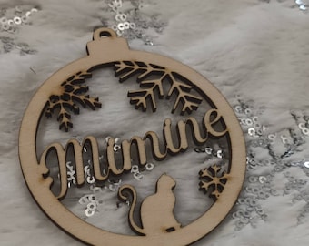 Boule de Noël, ornement  personnalisé en bois avec nom de votre animal