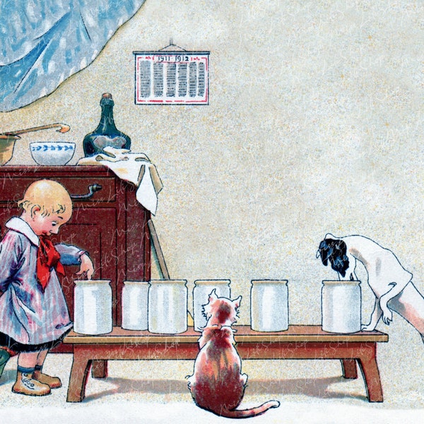 Chromo circa 1900 Artwork Printable Digital Download L'enfant le chien le chat et les gourmandises The child the dog the cat and the treats