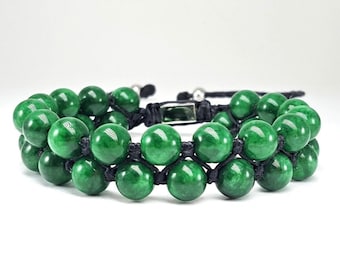 Bracelet perlé pour hommes pour femmes, bracelet en jade, bracelet en jade vert, bracelet perlé à double rangée, fermeture Shamballa, bracelet en argent perlé