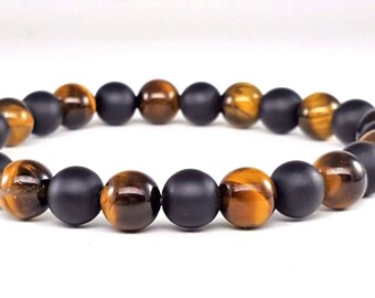 Mens Tiger Eye & Matte Black Onyx Natural Gemstone Beads, Stretchable Yoga Mala Beaded Jewelry Bracelet, Bracelet For Men, Free Shipping