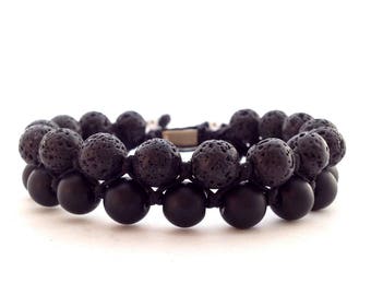 Pulsera de cuentas para hombre, ónix de lava de dos hileras de 8 mm, pulsera de plata negra, pulsera Shamballa, pulsera ajustable, hecha a mano, regalo para él