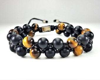 Mens Beaded Bracelet, Tiger Eye Bracelet, Onyx Bracelet, Double Row Beaded Bracelet, Shamballa Closure, Beaded Silver Bracelet, Gift for Men