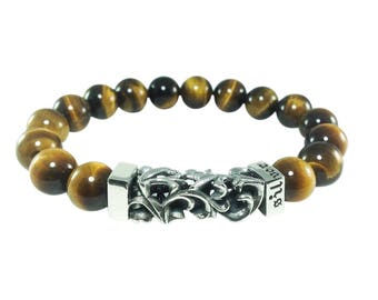 Mens Tiger Eye Beaded Bracelet, Tiger Eye Gemstone Bead, Sterling Silver 925 Bracelet, Mens Jewelry, Boyfriend Gift, Gift for Him - Handmade