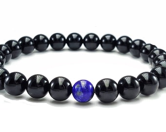 Bracelet homme en onyx noir et lapis lazuli, bracelet perlé pour hommes, bracelet en pierres précieuses, bracelet de bijoux extensibles, bracelet pour hommes, livraison gratuite