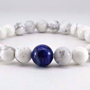 Womens Natural White Howlite & Lapis Lazuli Gemstone Calming Beads, Bracelet on Stretch Cord, Stretchable Beaded Jewelry Bracelet