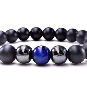 Mens Matte Black Onyx Blue Tiger Eye Bracelet, Silver Hematite, Mens Beaded Bracelet, Stretch Bracelet, Bracelet For Men, Man Bead Bracelet