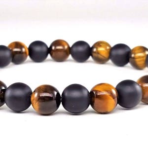 Mens Tiger Eye & Matte Black Onyx Natural Gemstone Beads, Stretchable Yoga Mala Beaded Jewelry Bracelet, Bracelet For Men, Free Shipping