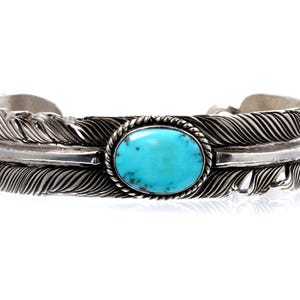 Men's Sterling Silver Turquoise Cuff Bracelet, 925 Silver Feather Cuff, Southwestern Western Biker Bracelet, Heavy Statement Jewelry