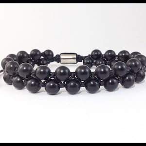 Men's Matte Black Onyx Gemstone Beads Two-Row Beaded Silver Spiritual Tribal Jewelry Bracelet (Adjustable)