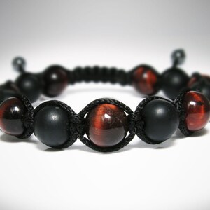 Men&#39;s Matte Black Onyx, Red Tigers Eye, Mens Beaded Bracelet, Natural Gemstone, Yoga Mala Beads, Adjustable Shamballa Jewelry Bracelet