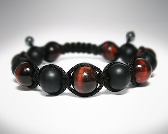 Men's Matte Black Onyx, Red Tigers Eye, Mens Beaded Bracelet, Natural Gemstone, Yoga Mala Beads, Adjustable Shamballa Jewelry Bracelet