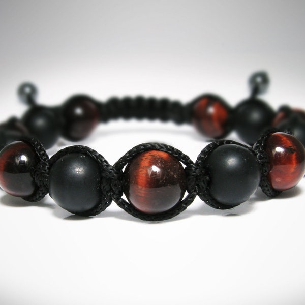 Homme Matte Black Onyx, Red Tigers Eye, Mens Beaded Bracelet, Natural Gemstone, Yoga Mala Beads, Adjustable Shamballa Jewelry Bracelet