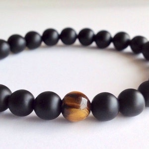 Herenmatzwarte onyx en tijgeroogarmband, herenkralenarmband, stretcharmband, armband voor heren, gratis verzending, herenkralenarmband