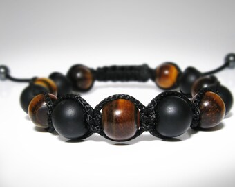 Mens Matte Black Onyx & Tiger Eye, Natural Gemstones, Mens Beaded Bracelet, Mala Yoga Beads, Adjustable Shamballa Wrap Jewelry Bracelet