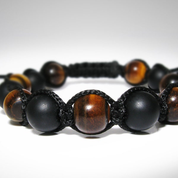 Homme Noir Mat Onyx & Tiger Eye, Pierres Précieuses Naturelles, Bracelet Perlé Homme, Perles Mala Yoga, Bracelet Bijoux Shamballa Wrap Réglable