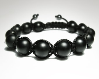 Pulsera de cuentas de ónix negro mate para hombre, piedra preciosa natural, cuentas de mala de yoga, pulsera ajustable de joyería Shamballa.