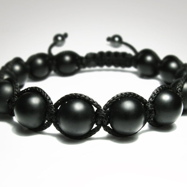 Onyx noir mat pour homme, bracelet perlé pour homme, pierre précieuse naturelle, perles de yoga mala, bracelet de bijoux Shamballa réglable