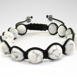 Men&#39;s White Howlite, Mens Beaded Bracelet, Natural Gemstone, Yoga Mala Beads, Adjustable Shamballa Jewelry Bracelet