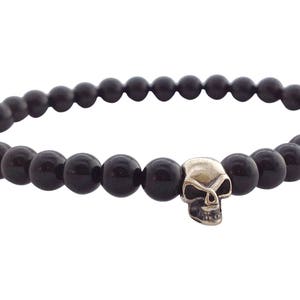 Men&#39;s Beaded Bracelet, Black Onyx Bracelet, Sterling Silver 925 Skull, 6mm Gemstones, Skull Bracelet Man, Beaded Stretch Bracelet, Free Ship