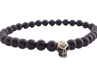 Men's Beaded Bracelet, Black Onyx Bracelet, Sterling Silver 925 Skull, 6mm Gemstones, Skull Bracelet Man, Beaded Stretch Bracelet, Free Ship