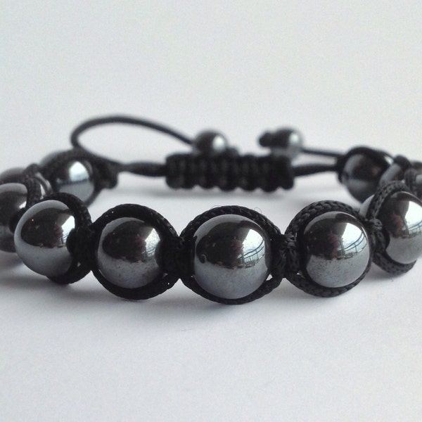 Men's Silver Hematite, Natural Gemstone Beads, Mens Beaded Bracelet, Shamballa Jewelry Bracelet