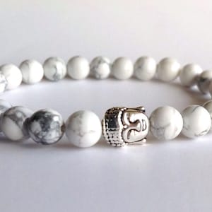 Natuurlijke witte howliet heren dames en zilveren boeddhaarmband, herenkralenarmband, stretch sieradenarmband, armband voor heren, gratis verzending