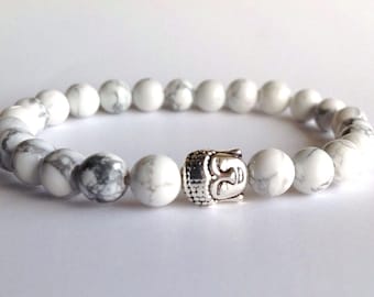 Natuurlijke witte howliet heren dames en zilveren boeddhaarmband, herenkralenarmband, stretch sieradenarmband, armband voor heren, gratis verzending