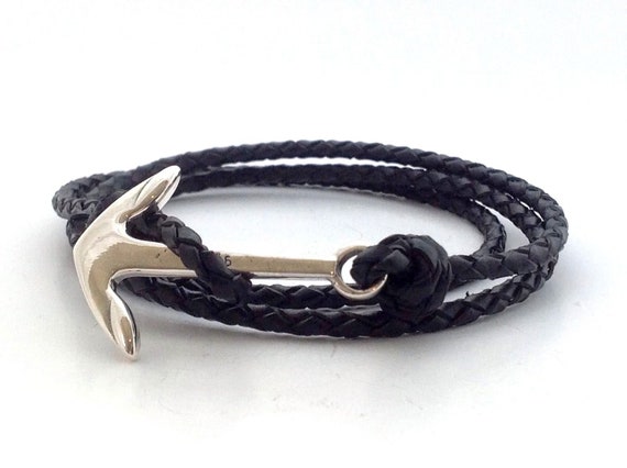 Mens Anchor Sterling Silver 925 Black Leather Bracelet, Boating Bracelet, Mens Nautical Bracelet, Leather Bracelet, Bracelet For Men