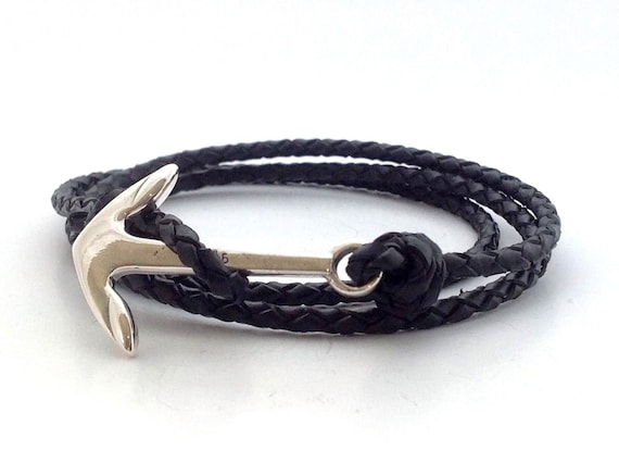 Mens Anchor Sterling Silver 925 Black Leather Bracelet, Boating