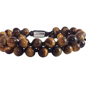 Men&#39;s Tigers Eye Gemstone Bead Two-Row Beaded Silver Spiritual Tribal Shamballa Mala Jewelry Bracelet, Mens Beaded Bracelet, Free Shipping