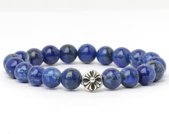 Men's Celtic Cross Lapis Lazuli  Bracelet, 925 Sterling Silver, Mens Beaded Bracelet, Yoga Bracelet, Stretch Bracelet, Gemstone Bracelet.