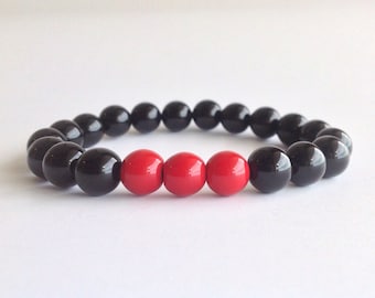 Men's Black Onyx, Dyed Red Jade, Mens Beaded Bracelet, Stretch Bracelet, Bracelet For Men, Man Jewelry Bracelet, Free Shipping.