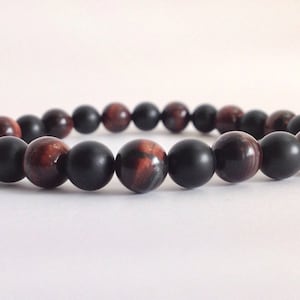 MENS Matte Black Onyx & Red Tigers Eye, Natural Gemstones, Mens Beaded Bracelet, Stretchable Jewelry Bracelet, Free Shipping