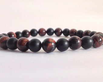 MENS Matte Black Onyx & Red Tigers Eye, Natural Gemstones, Mens Beaded Bracelet, Stretchable Jewelry Bracelet, Free Shipping