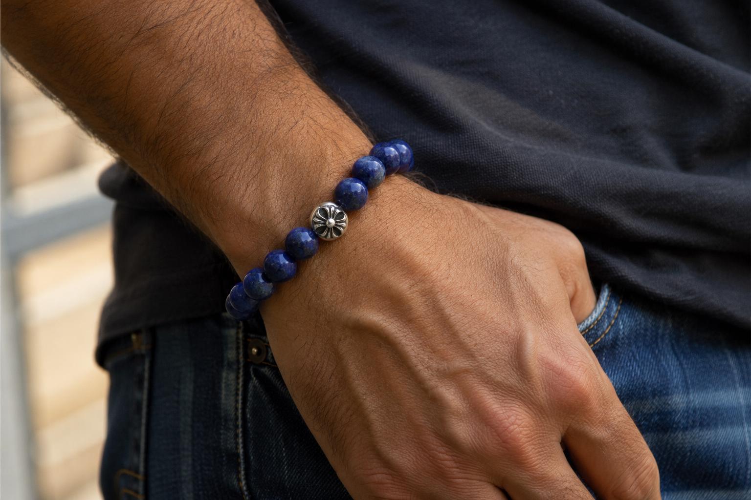 Men's Celtic Cross Lapis Lazuli Bracelet, 925 Sterling Silver