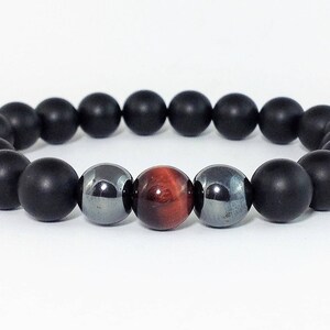 Mens Matte Black Onyx & Red Tiger Eye Bracelet, Silver Hematite, Mens Beaded Bracelet, Stretch Bracelet, Bracelet For Men, Man Bead Bracelet