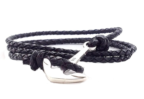 Mens Anchor Sterling Silver 925 Black Leather Bracelet, Boating Bracelet,  Mens Nautical Bracelet, Leather Bracelet, Bracelet For Men