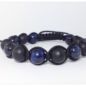 Men&#39;s Matte Black Onyx, Blue Tigers Eye, Mens Beaded Bracelet, Natural Gemstone, Yoga Mala Beads, Adjustable Shamballa Jewelry Bracelet