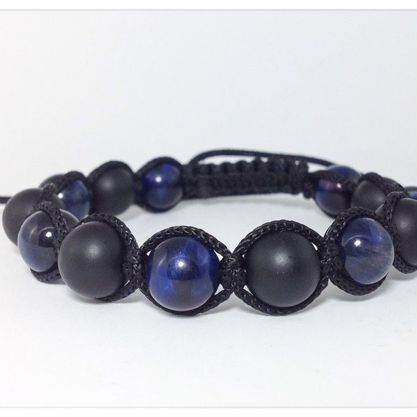 Onyx noir mat pour homme, œil de tigre bleu, bracelet perlé pour homme, pierre précieuse naturelle, perles de yoga mala, bracelet de bijoux Shamballa réglable