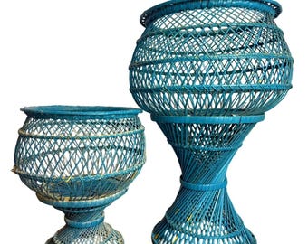 Vintage Wicker Plant Stands 24" and 16" Rattan Fern Holders Twisted Pedestal Base Large Retro Decor Lightweight Boho Style Gorpcore