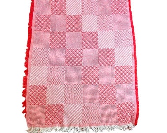 Vintage 60s Coverlet Throw Blanket Knit Fringe Red and White 60 x 48 Bedspread