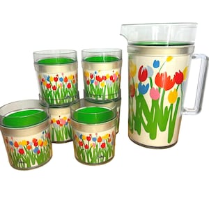 Floral Acrylic Tumblers 6 Cups & Pitcher Thermo-Serv Tulip Drinking Glasses Set
