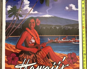 May include: Vintage travel poster for Hawaii's Big Island. The poster features a woman playing a ukulele on a beach, with the text "COME LIVE ALOHA" at the top. Palm trees, a volcano, and outrigger canoes are also depicted.