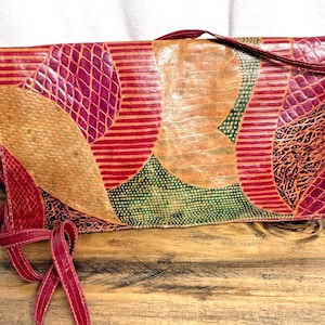 Vintage Leather Patchwork Clutch Envelope Purse Made In India 1980s 1970s Boho