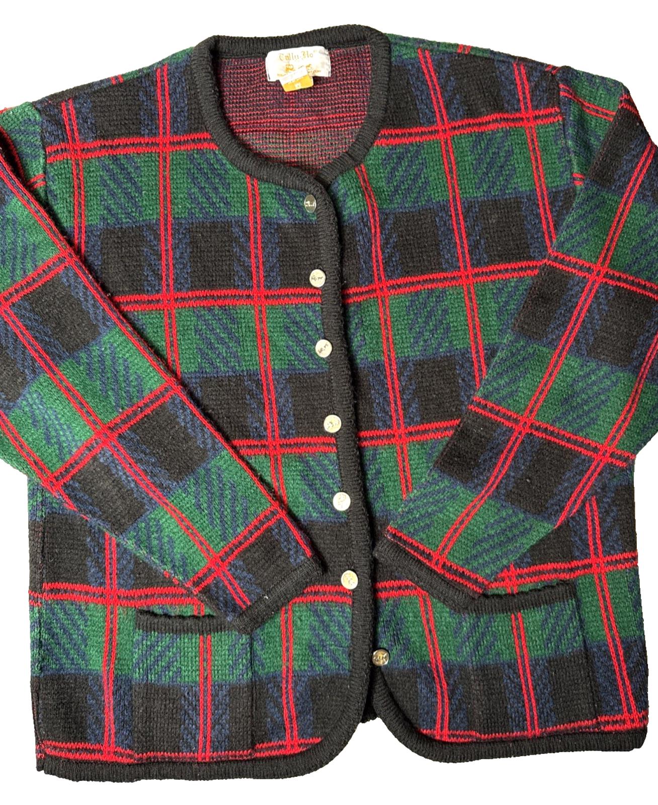 Vintage Plaid Cardigan Sweater Women's Size M Red Green Gold Buttons Tally Ho