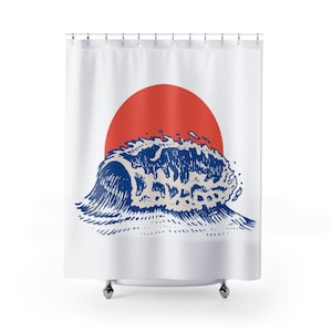 Cortina de chuveiro com design de tatuagem tailandesa &#39;The Sun & Ocean Wave&#39; Nova decoração retrô perfeita de banheiro 71 &quot;x 74&quot; presente exclusivo